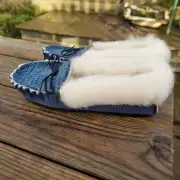 Suede and Tweed Slippers - Navy Sea, wool collar image 5