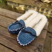 Suede and Tweed Slippers - Navy Sea, wool collar image 4