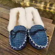 Suede and Tweed Slippers - Navy Sea, wool collar image 10