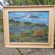 Framed original acrylic of heilan coos at the loch image 1
