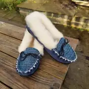Suede and Tweed Slippers - Navy Sea, wool collar image 1