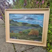 Framed original acrylic of heilan coos at the loch image 3