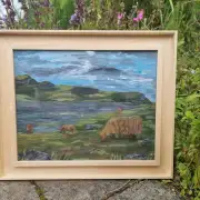 Framed original acrylic of heilan coos at the loch image 4