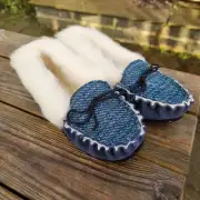 Suede and Tweed Slippers - Navy Sea, wool collar image 8