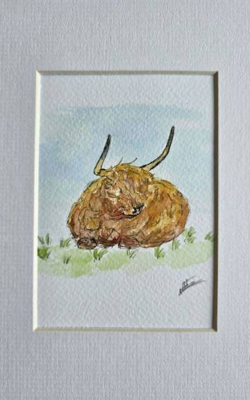 Mini Original watercolour of a heiland coo