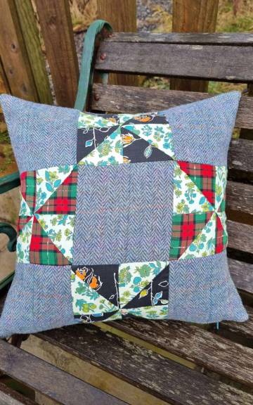 Harris tweed and vintage quilt squares cushion cover