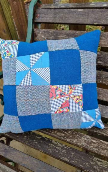 Harris tweed and vintage quilt squares cushion cover