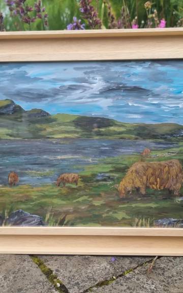 Framed original acrylic of heilan coos at the loch