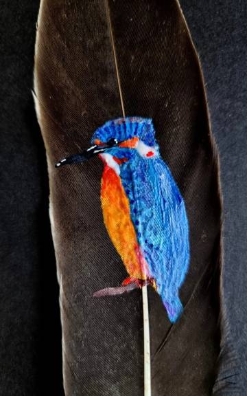 Kingfisher painted on a goose feather