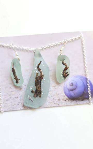 Painted sea glass necklace and earrings set