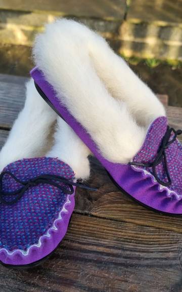 Suede and Tweed Slippers - Himalayan poppy, wool collar
