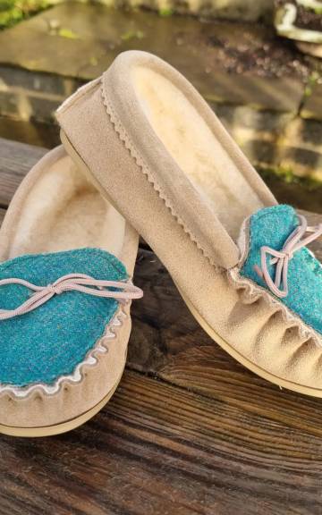 Suede and Tweed Slippers - luskentyre green