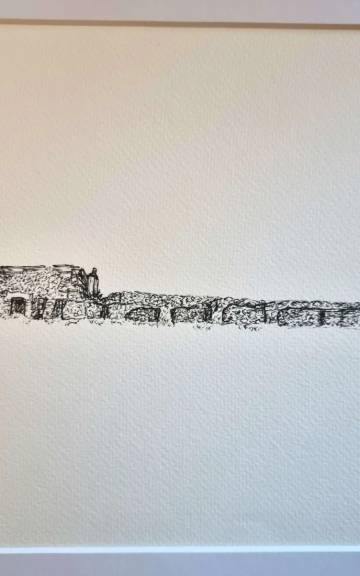 Medium original pen drawing of ruined blackhouses