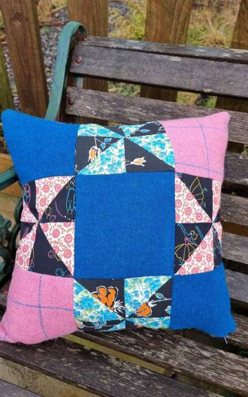 Tweed and vintage quilt squares cushion cover