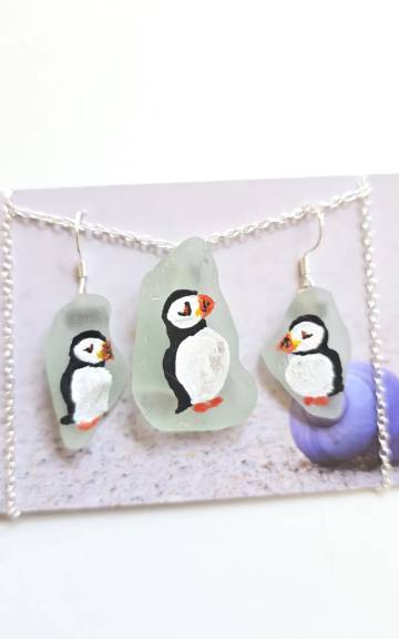Painted sea glass necklace and earrings set