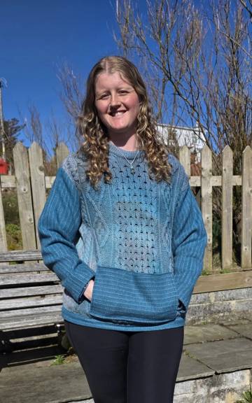 Hand dyed jumper with tweed sleeves and pocket