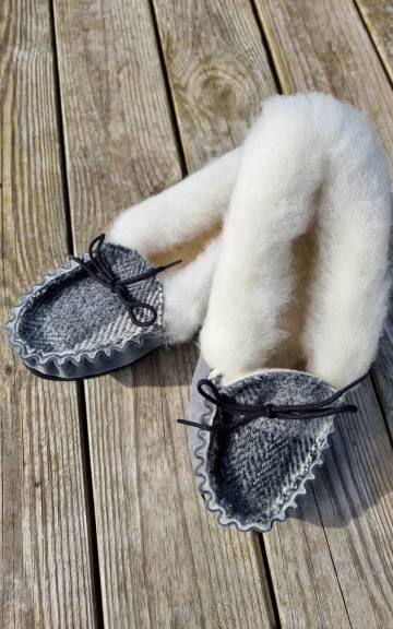 Suede and Tweed Slippers - winter check, wool collar