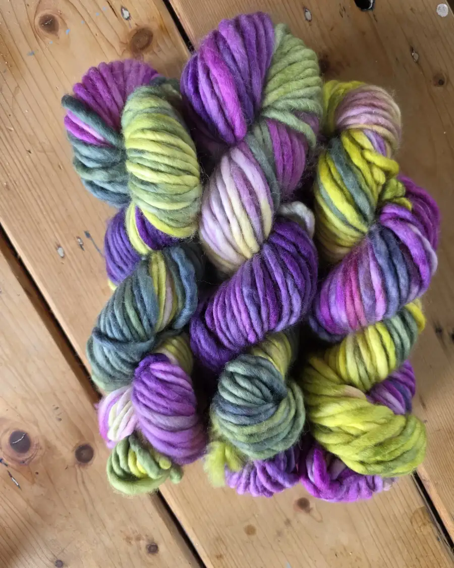 Hand-Dyed Yarn: 100% Merino, pale thistle chunky x3