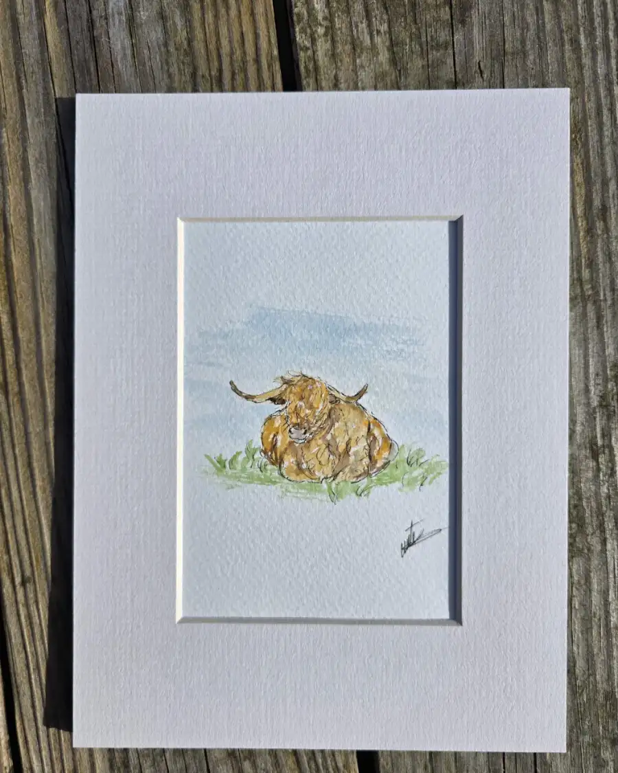 Mini Original watercolour of a heiland coo