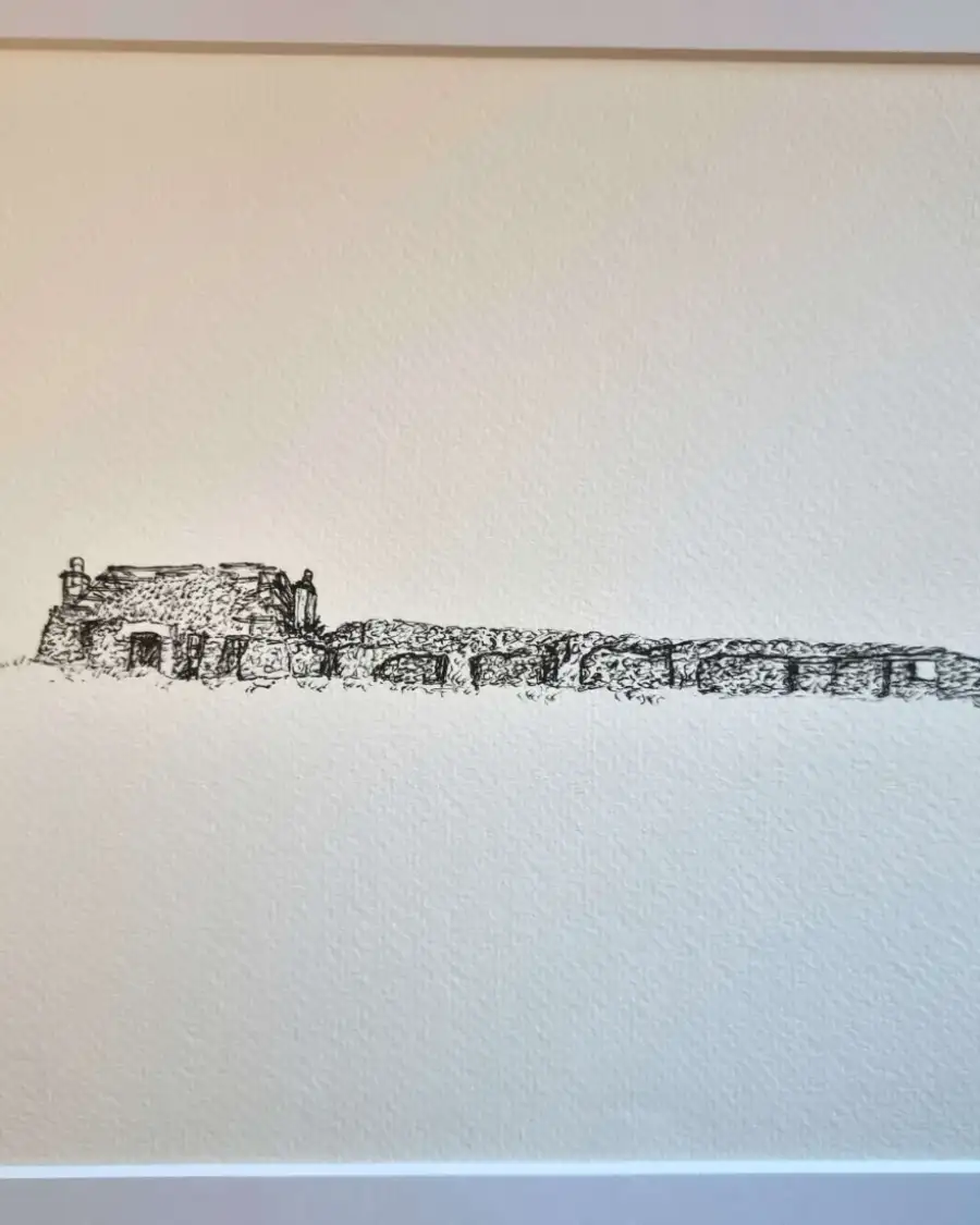 Medium original pen drawing of ruined blackhouses