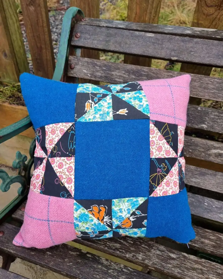 Tweed and vintage quilt squares cushion cover
