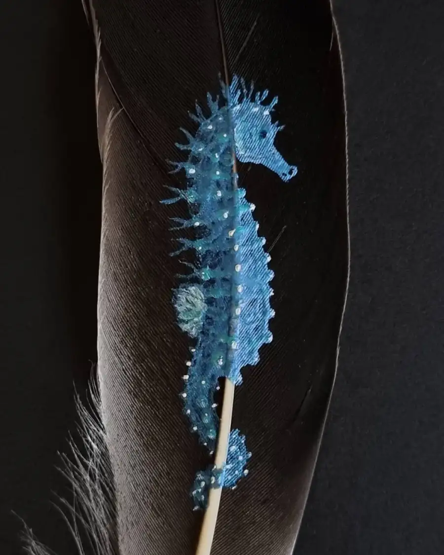 Seahorse painted on a goose feather