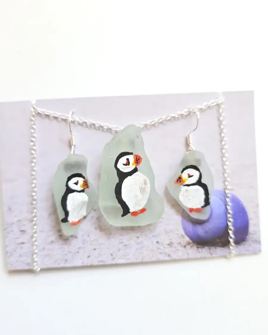 Painted sea glass necklace and earrings set