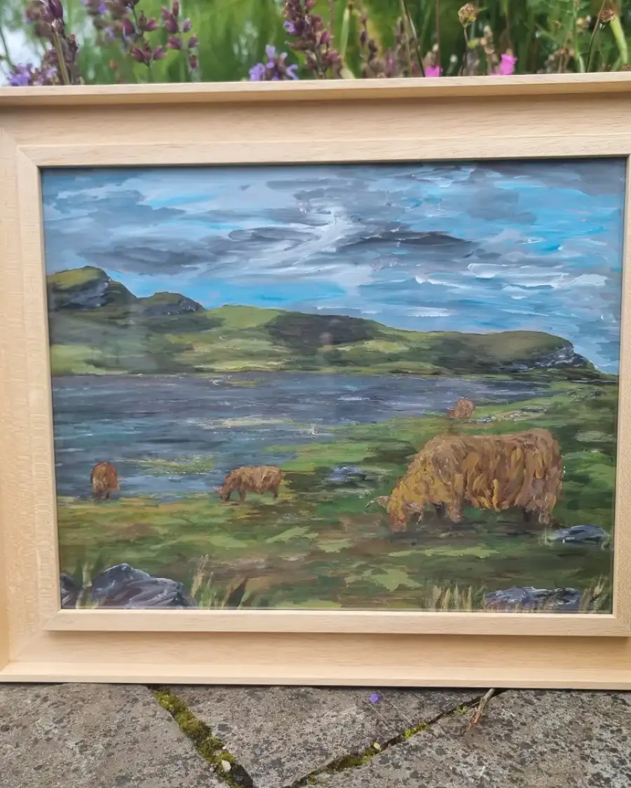 Framed original acrylic of heilan coos at the loch