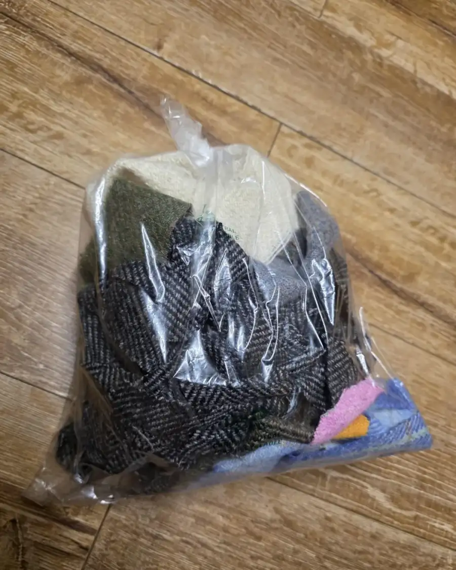 Mix of Harris and Two sisters Tweeds scraps bag