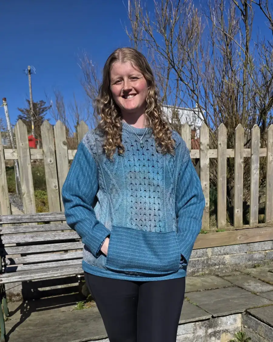 Hand dyed jumper with tweed sleeves and pocket