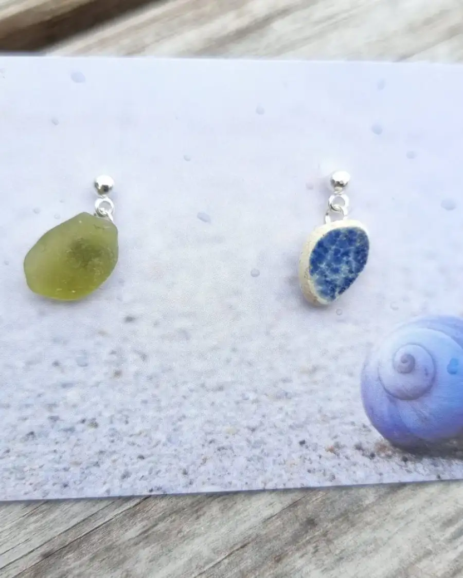 Sea Glass and pottery stud earrings