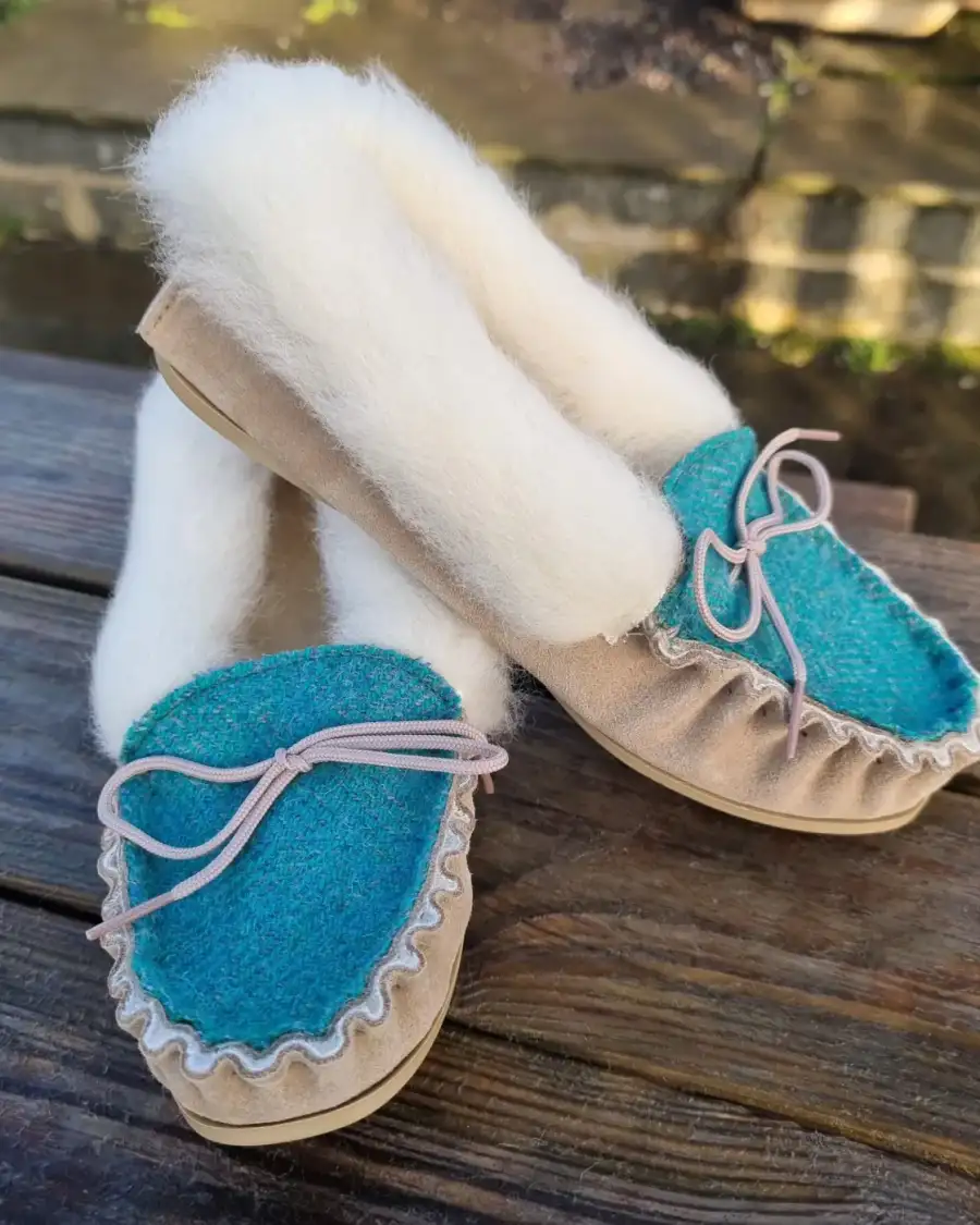 Suede and Tweed Slippers - luskentyre green, wool collar