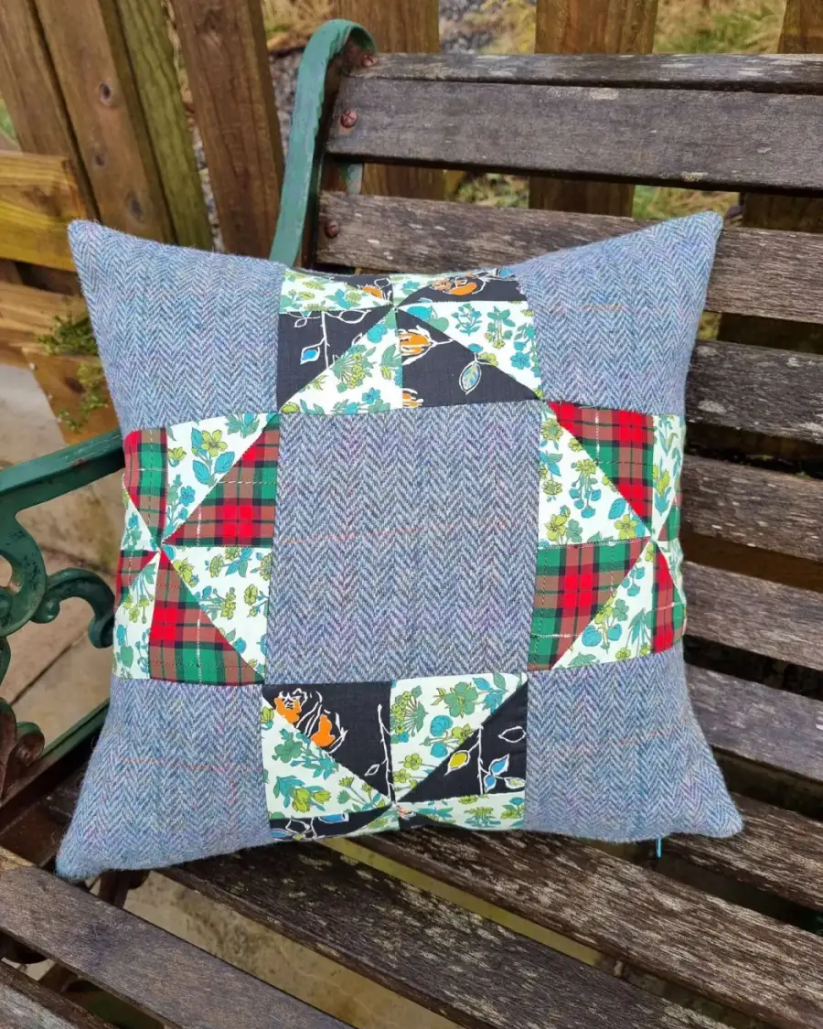 Harris tweed and vintage quilt squares cushion cover