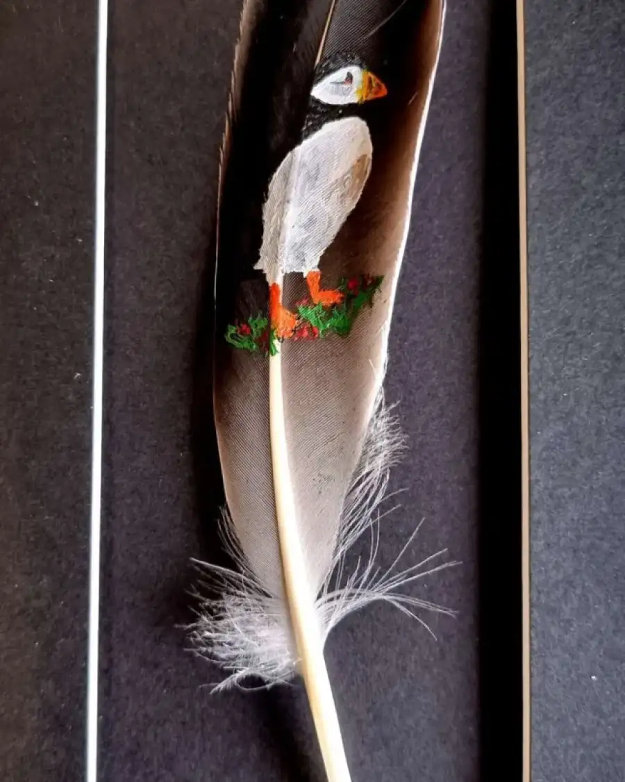 Puffin painted on a goose feather