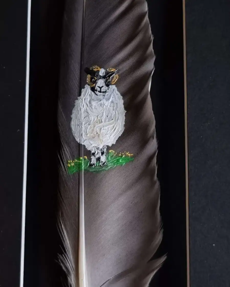 Scottish blackface sheep painted on a goose feather
