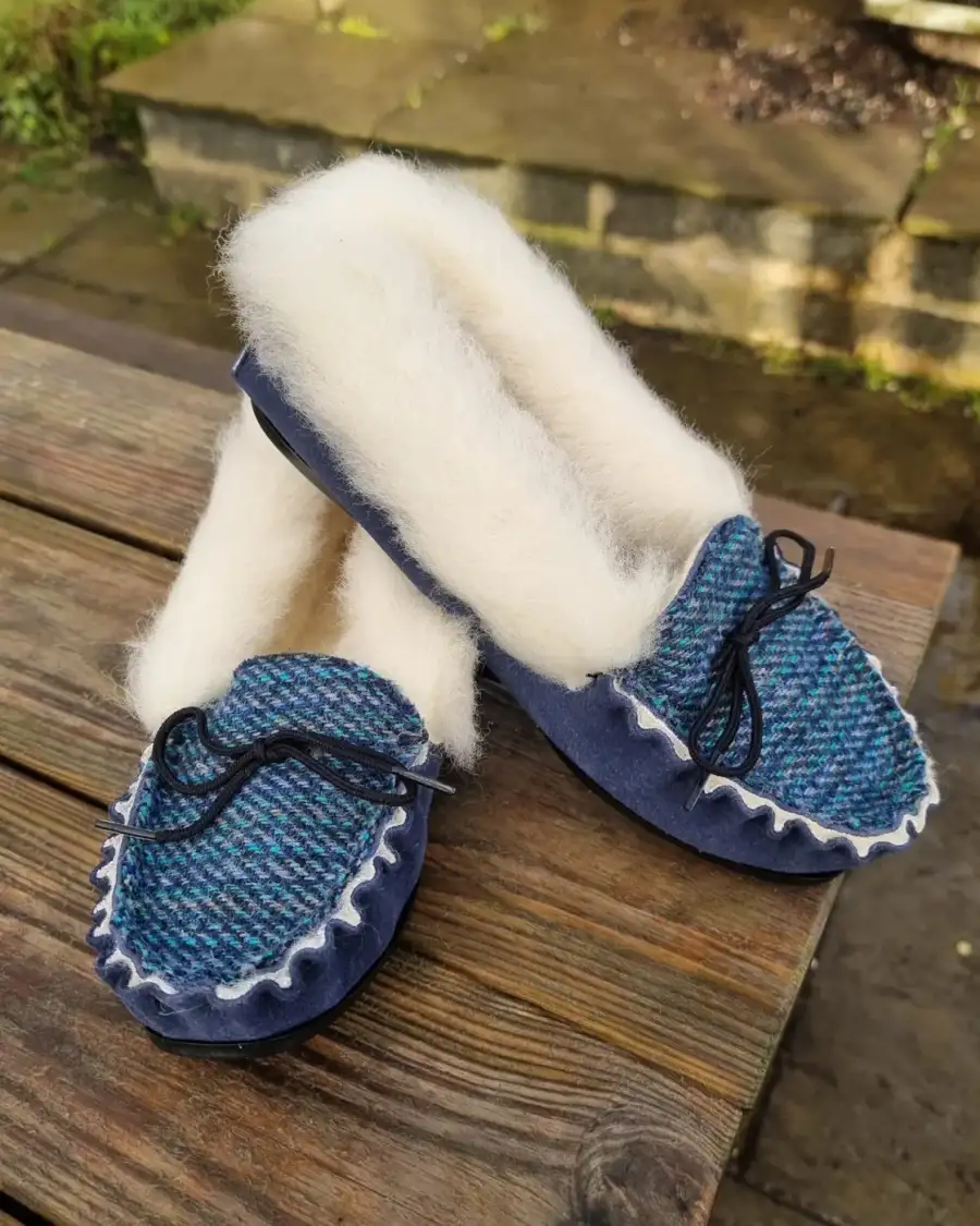 Suede and Tweed Slippers - Navy Sea, wool collar