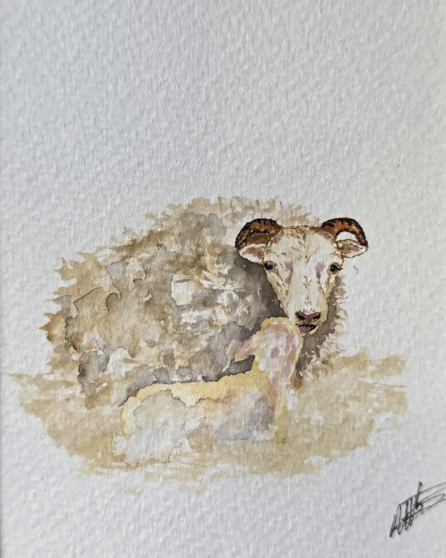 Mini Original Watercolour of Frosty the icelandic and lamb