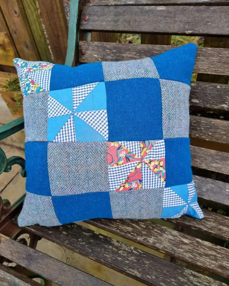 Harris tweed and vintage quilt squares cushion cover