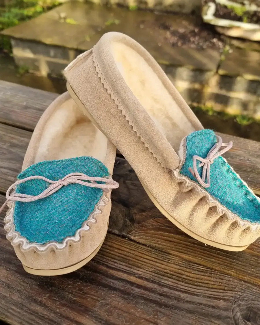 Suede and Tweed Slippers - luskentyre green