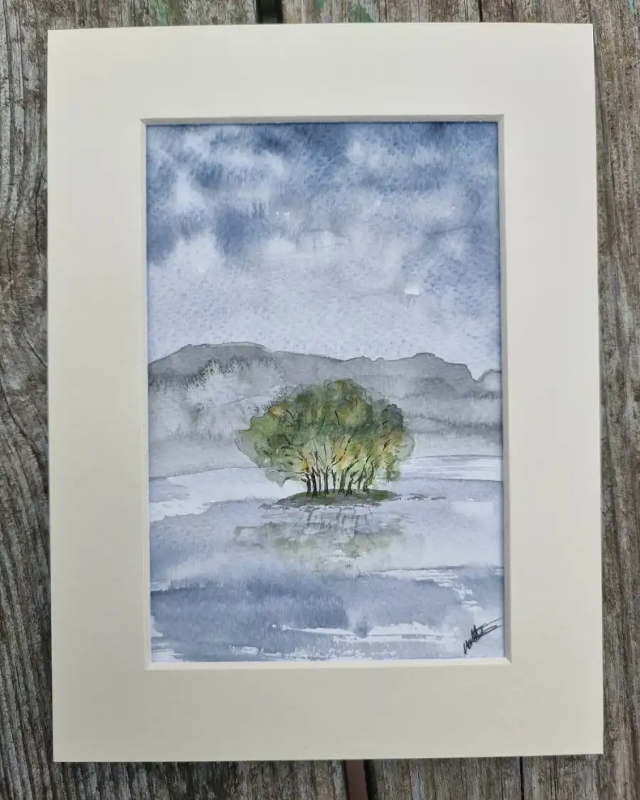 Mini original watercolour of a reflected tree